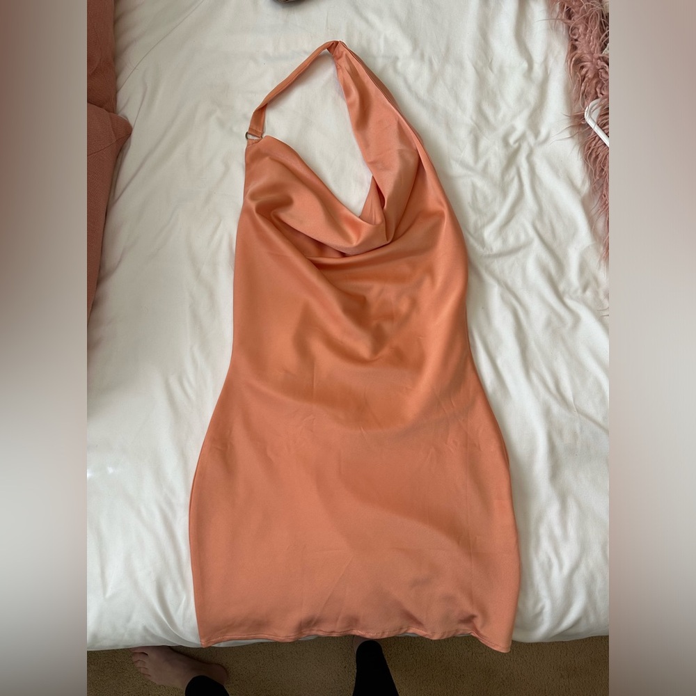 Peach satin cowl neck mini dress